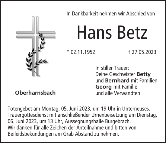 Anzeige von Hans Betz von MGO