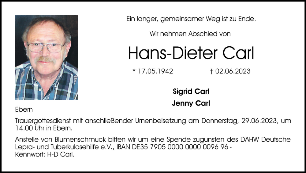  Traueranzeige für Hans-Dieter Carl vom 24.06.2023 aus MGO
