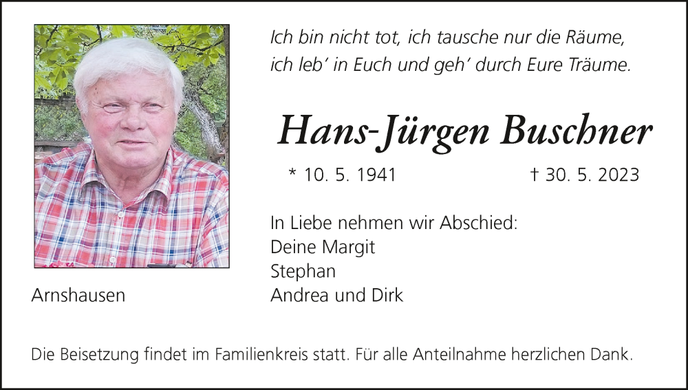  Traueranzeige für Hans-Jürgen Buschner vom 03.06.2023 aus MGO
