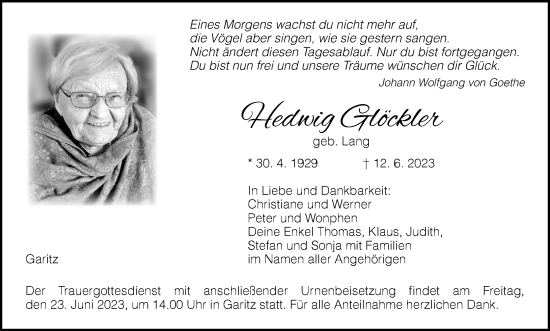 Anzeige von Hedwig Glöckler von MGO