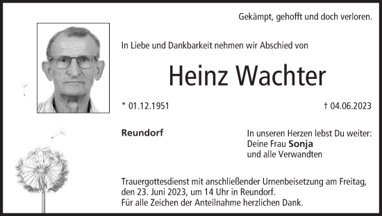 Anzeige von Heinz Wachter von MGO