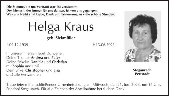 Anzeige von Helga Kraus von MGO