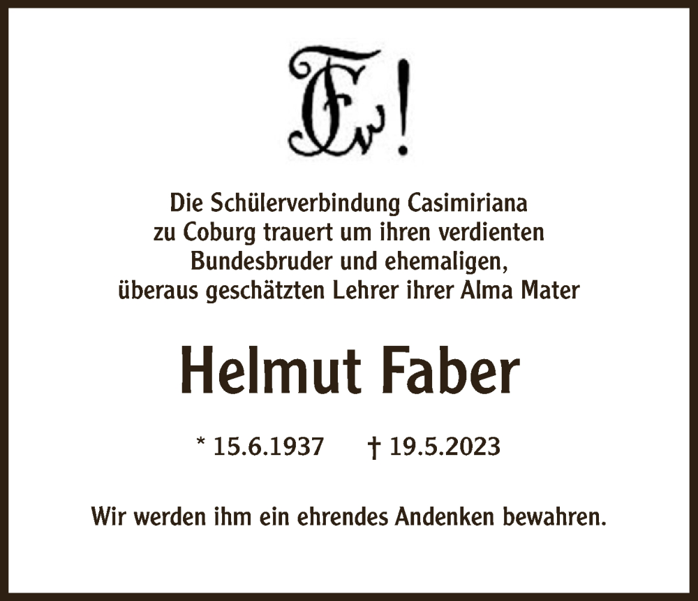  Traueranzeige für Helmut Faber vom 03.06.2023 aus MGO