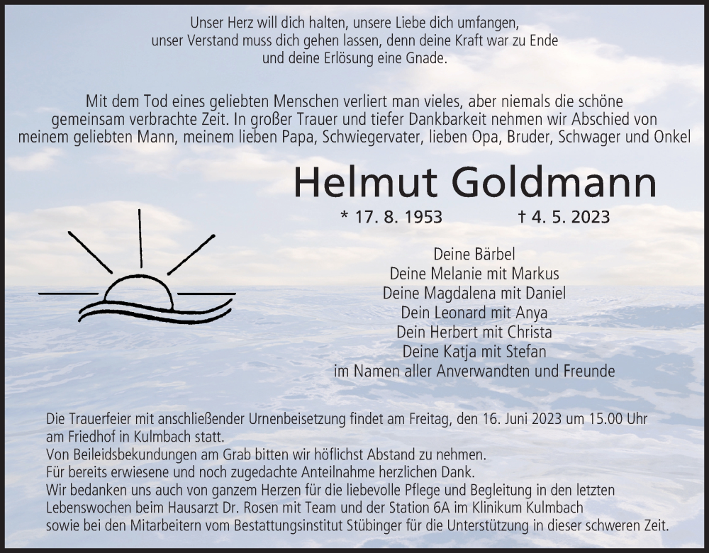  Traueranzeige für Helmut Goldmann vom 14.06.2023 aus MGO