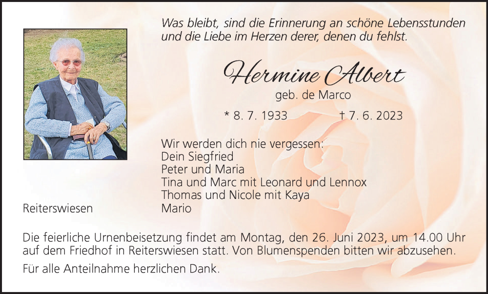  Traueranzeige für Hermine Albert vom 17.06.2023 aus MGO