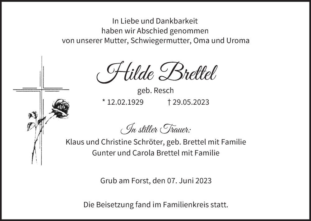  Traueranzeige für Hilde Brettel vom 07.06.2023 aus MGO