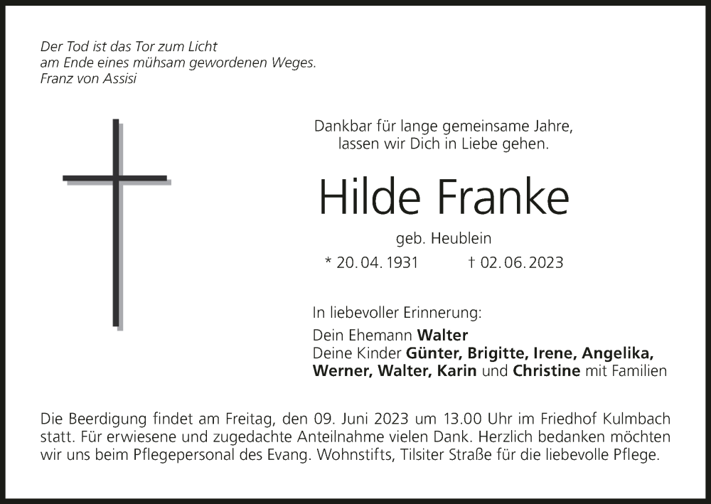 Traueranzeige für Hilde Franke vom 06.06.2023 aus MGO
