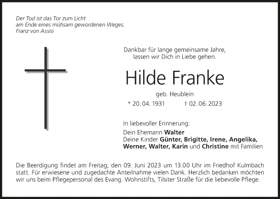 Anzeige von Hilde Franke von MGO