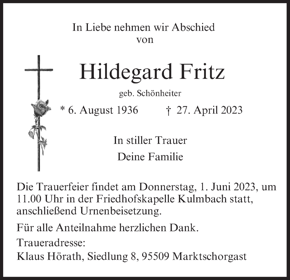  Traueranzeige für Hildegard Fritz vom 31.05.2023 aus MGO