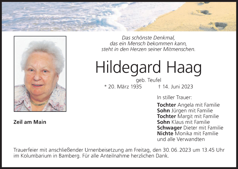  Traueranzeige für Hildegard Haag vom 28.06.2023 aus MGO