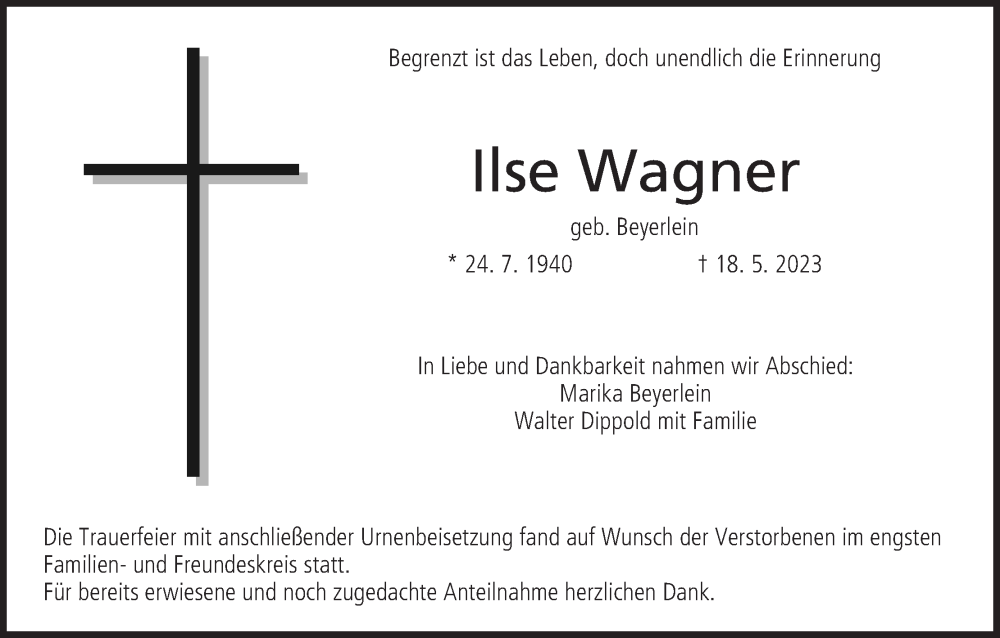  Traueranzeige für Ilse Wagner vom 24.06.2023 aus MGO