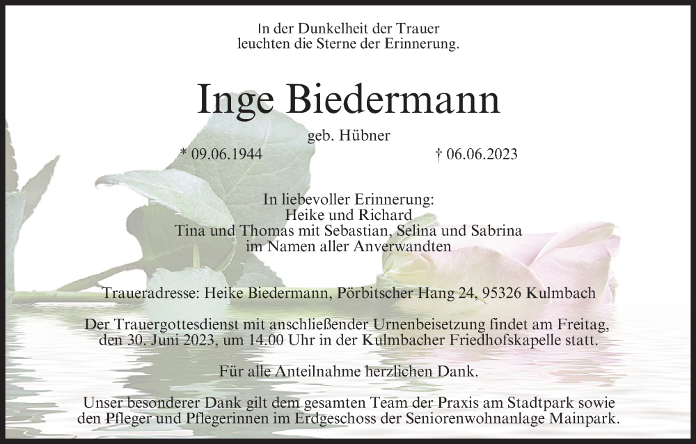  Traueranzeige für Inge Biedermann vom 24.06.2023 aus MGO