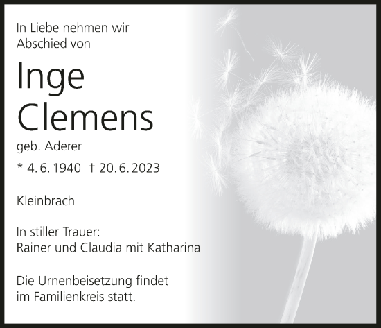 Anzeige von Inge Clemens von MGO