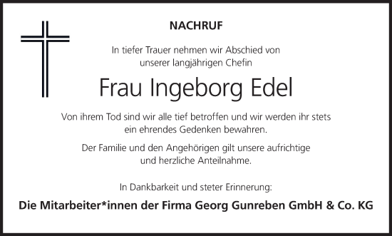 Anzeige von Ingeborg Edel von MGO