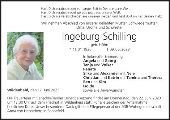 Anzeige von Ingeburg Schilling von MGO