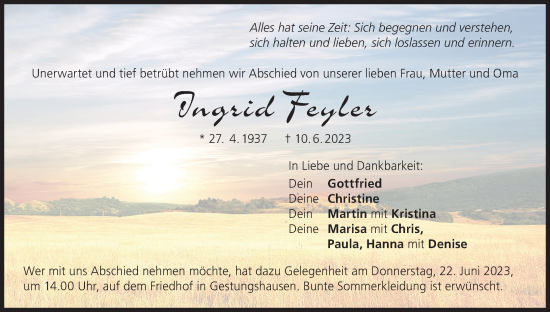 Anzeige von Ingrid Feyler von MGO