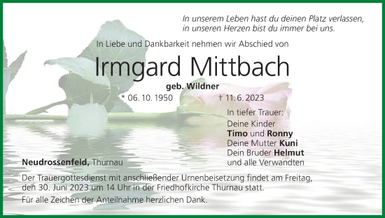 Anzeige von Irmgard Mittbach von MGO