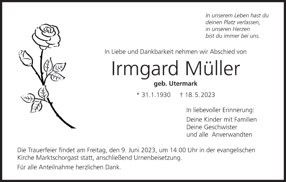  Traueranzeige für Irmgard Müller vom 03.06.2023 aus MGO