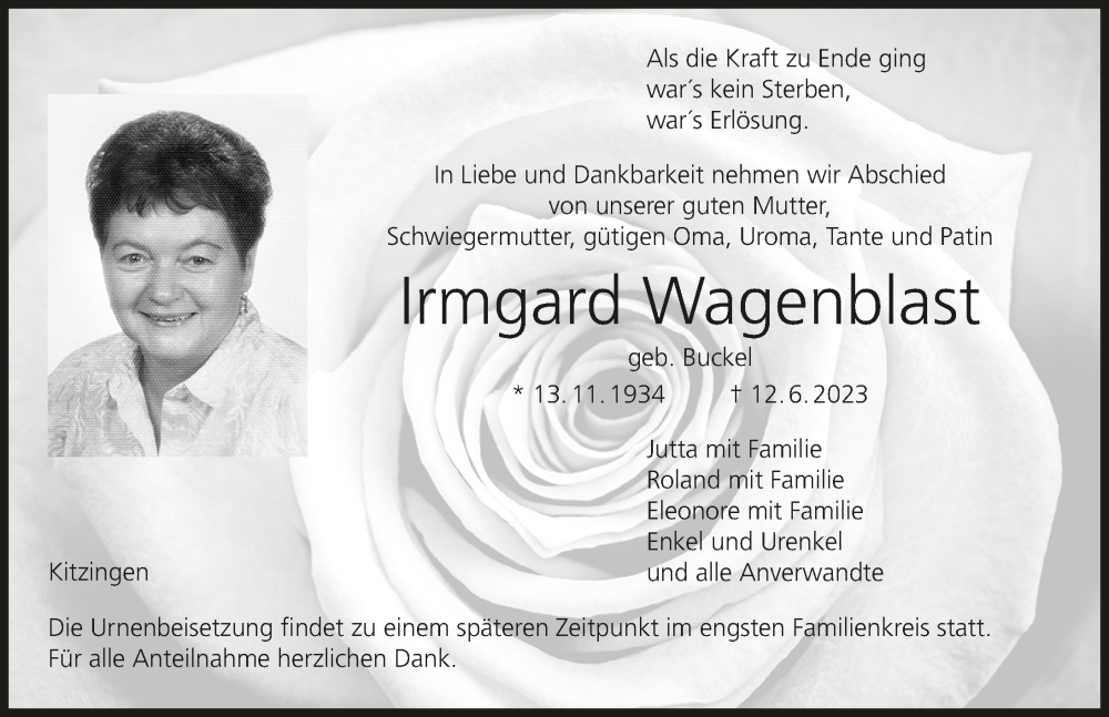  Traueranzeige für Irmgard Wagenblast vom 17.06.2023 aus MGO