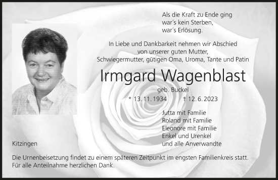 Anzeige von Irmgard Wagenblast von MGO