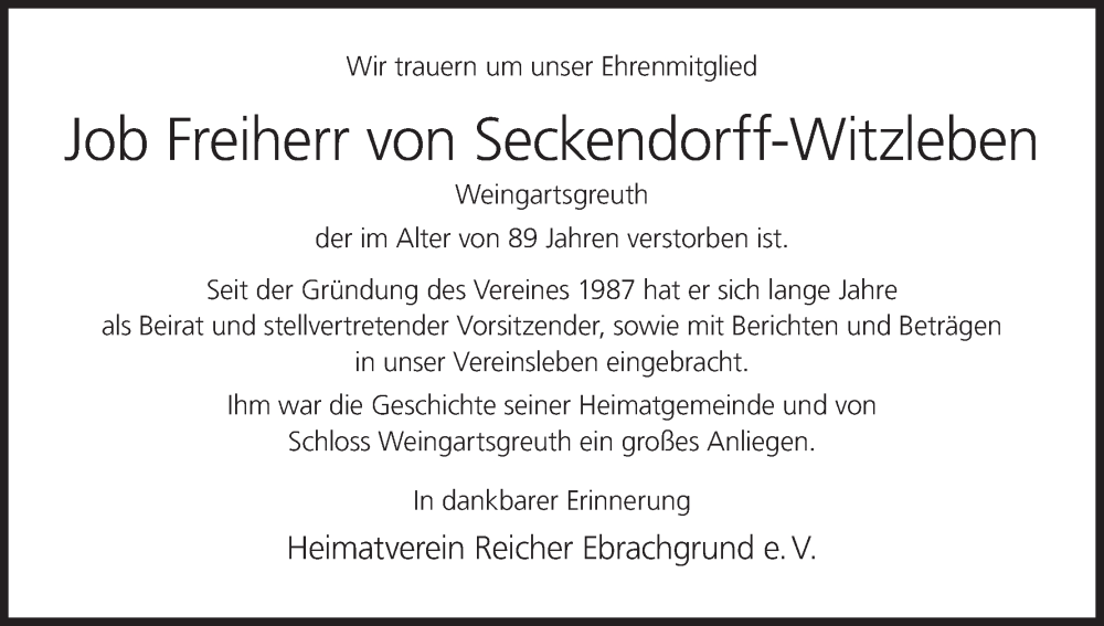  Traueranzeige für Job Freiherr von Seckendorff-Witzleben vom 07.06.2023 aus MGO