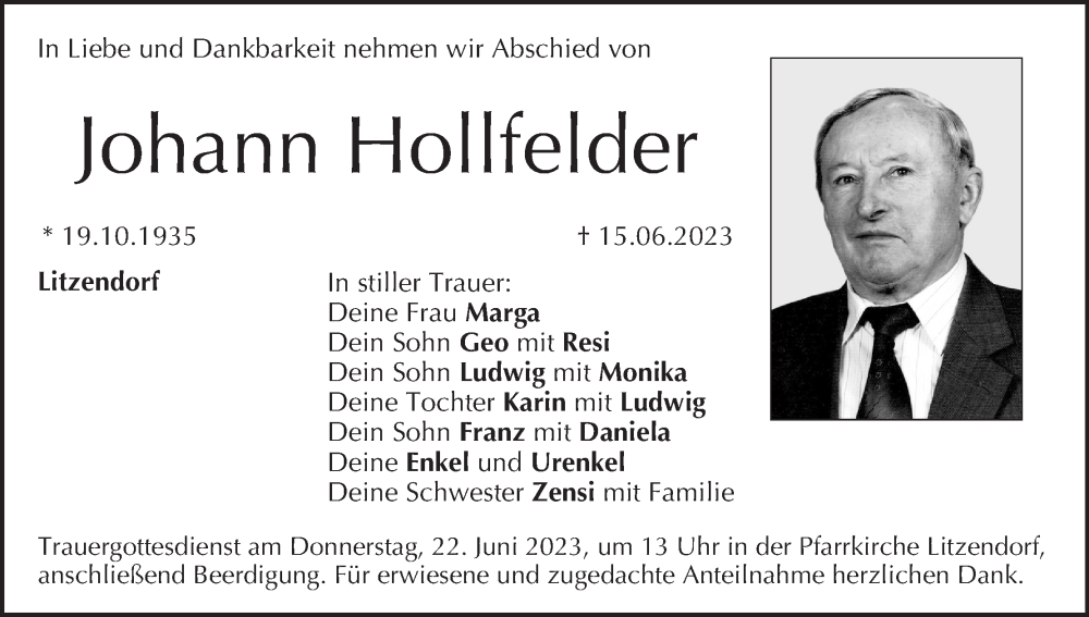  Traueranzeige für Johann Hollfelder vom 17.06.2023 aus MGO