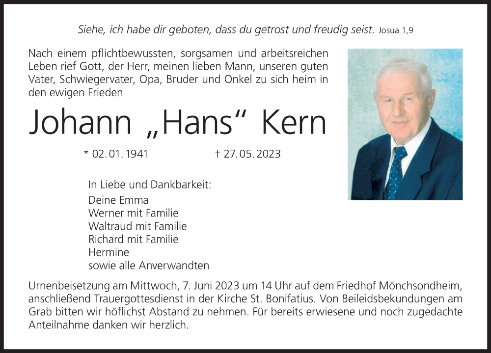  Traueranzeige für Johann Hans Kern vom 03.06.2023 aus MGO