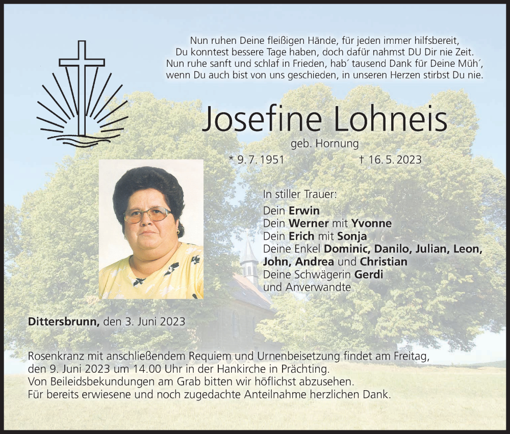  Traueranzeige für Josefine Lohneis vom 03.06.2023 aus MGO
