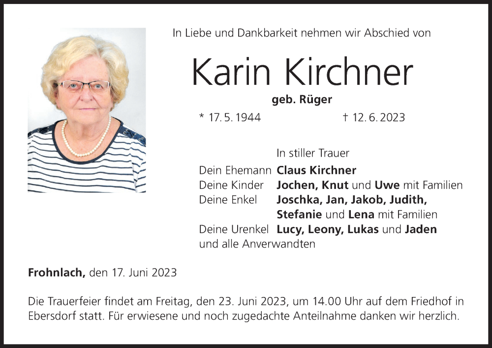  Traueranzeige für Karin Kirchner vom 17.06.2023 aus MGO