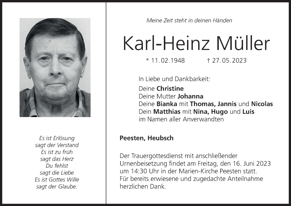  Traueranzeige für Karl-Heinz Müller vom 13.06.2023 aus MGO