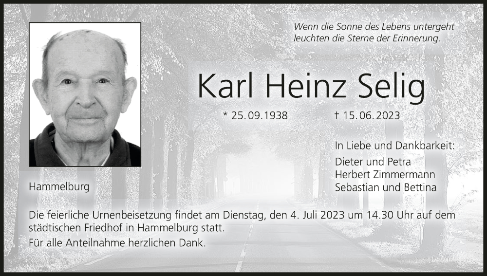  Traueranzeige für Karl Heinz Selig vom 24.06.2023 aus MGO