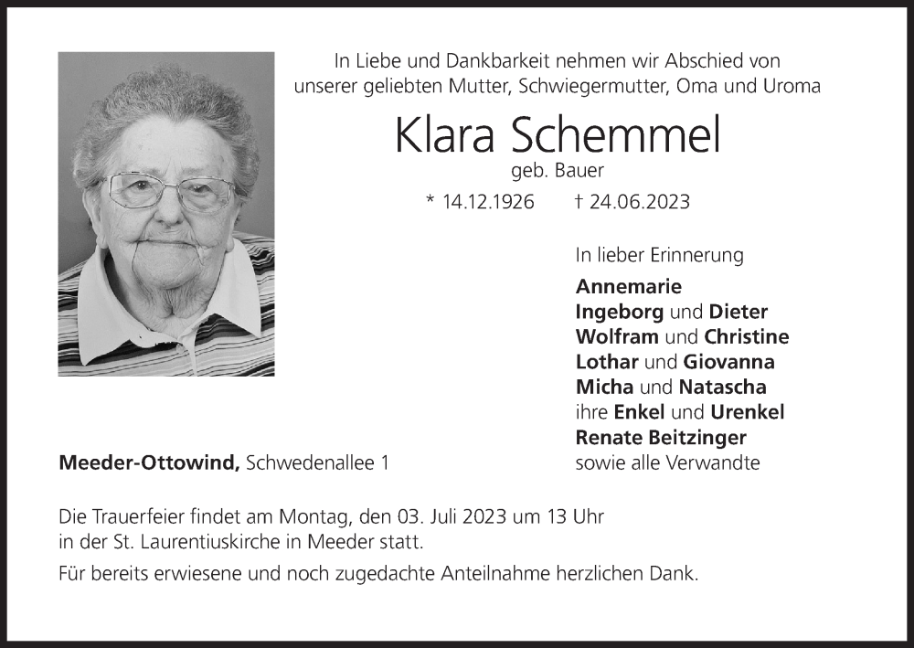  Traueranzeige für Klara Schemmel vom 29.06.2023 aus MGO