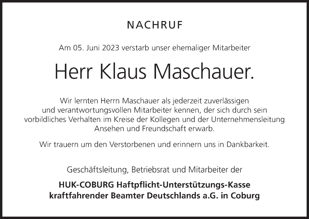  Traueranzeige für Klaus Maschauer vom 27.06.2023 aus MGO