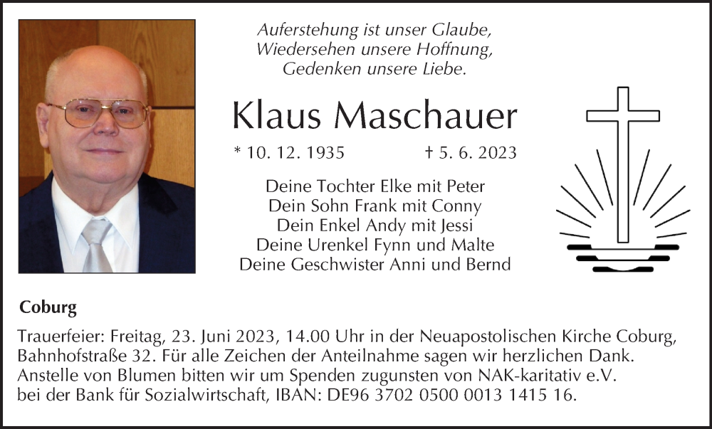  Traueranzeige für Klaus Maschauer vom 17.06.2023 aus MGO
