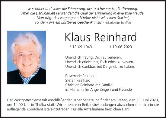 Anzeige von Klaus Reinhard von MGO