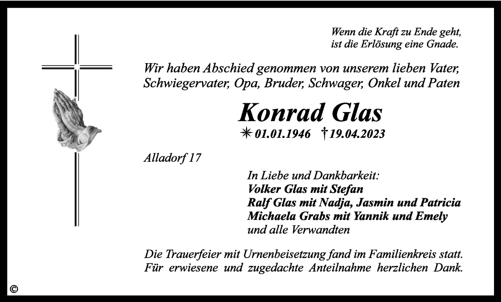  Traueranzeige für Konrad Glas vom 03.06.2023 aus MGO