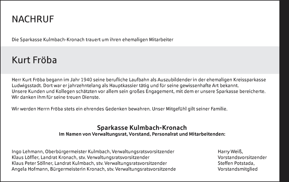  Traueranzeige für Kurt Fröba vom 17.06.2023 aus MGO