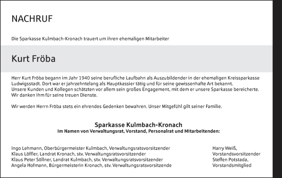 Anzeige von Kurt Fröba von MGO