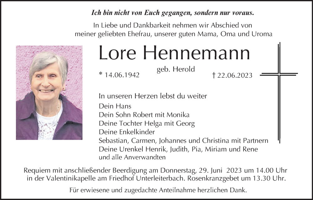  Traueranzeige für Lore Hennemann vom 24.06.2023 aus MGO