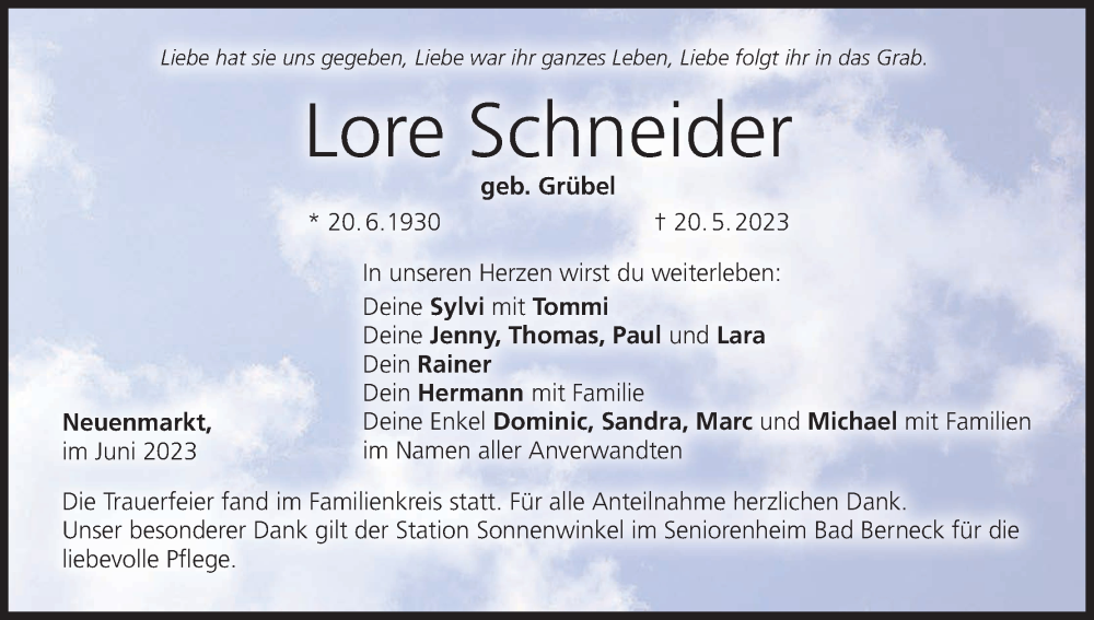  Traueranzeige für Lore Schneider vom 10.06.2023 aus MGO