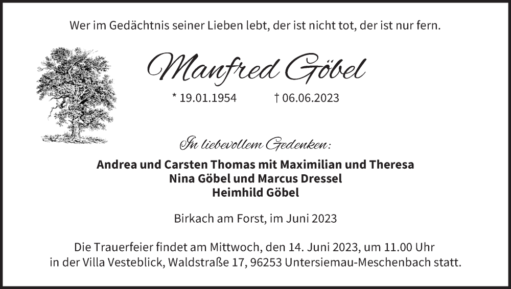  Traueranzeige für Manfred Göbel vom 10.06.2023 aus MGO