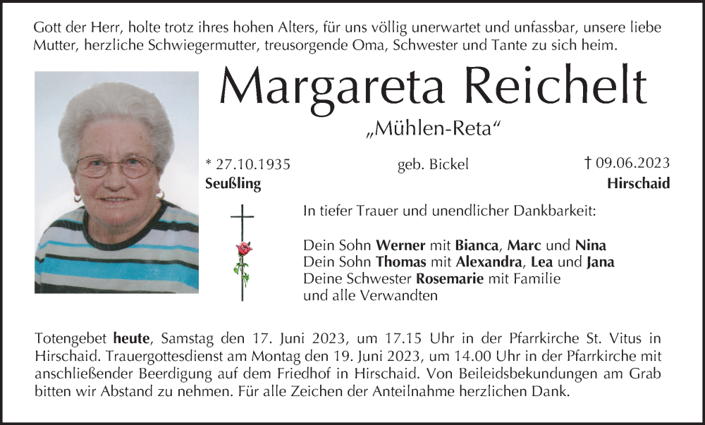  Traueranzeige für Margareta Reichelt vom 17.06.2023 aus MGO