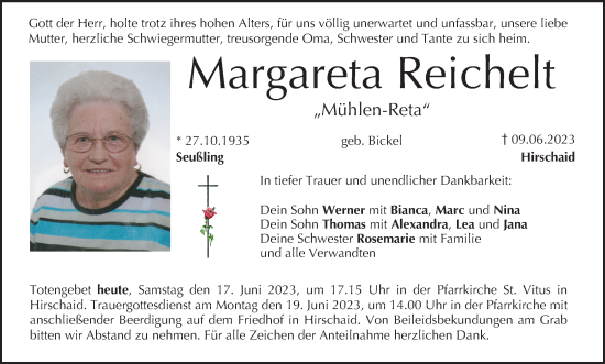 Anzeige von Margareta Reichelt von MGO