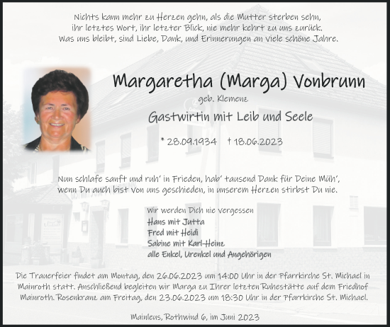 Anzeige von Margaretha Vonbrunn von MGO