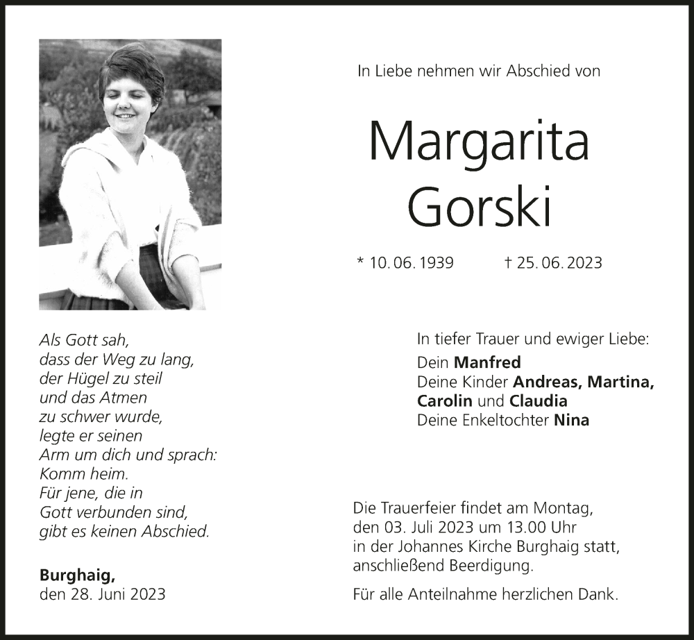  Traueranzeige für Margarita Gorski vom 28.06.2023 aus MGO