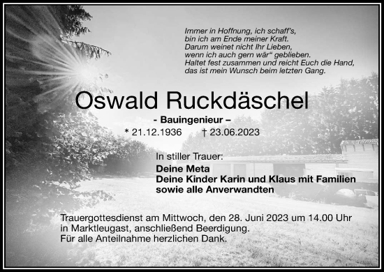 Anzeige von Oswald Ruckdäschel von MGO