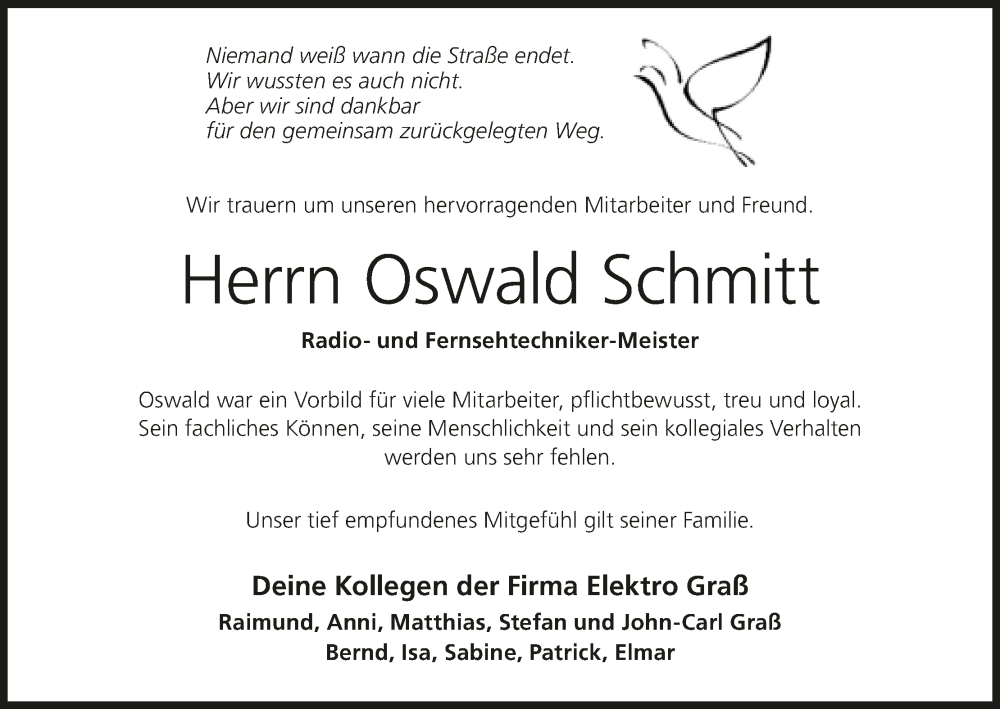  Traueranzeige für Oswald Schmitt vom 31.05.2023 aus MGO