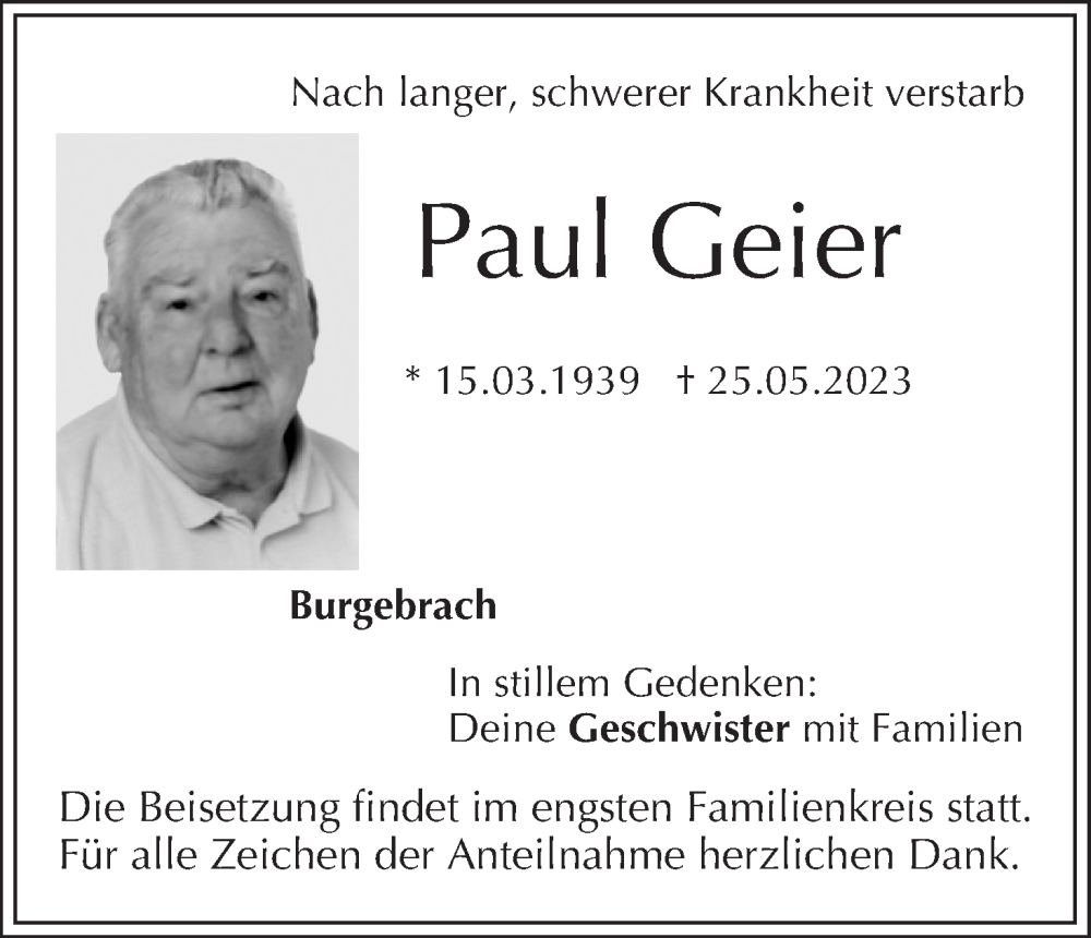  Traueranzeige für Paul Geier vom 03.06.2023 aus MGO