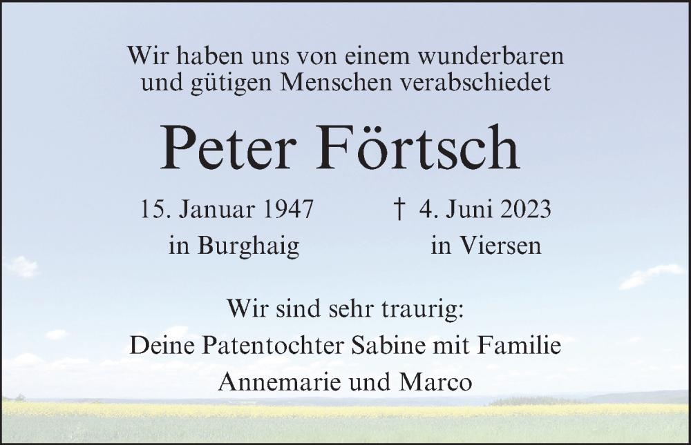  Traueranzeige für Peter Förtsch vom 17.06.2023 aus MGO