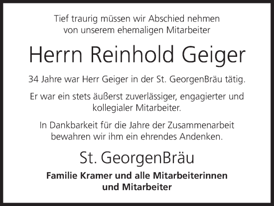 Anzeige von Reinhold Geiger von MGO